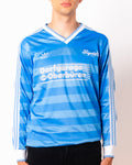 Vintage Adidas light blue striped long sleeve football shirt with Dorfgarage Oberburen sponsor and Figurati embroidery, front