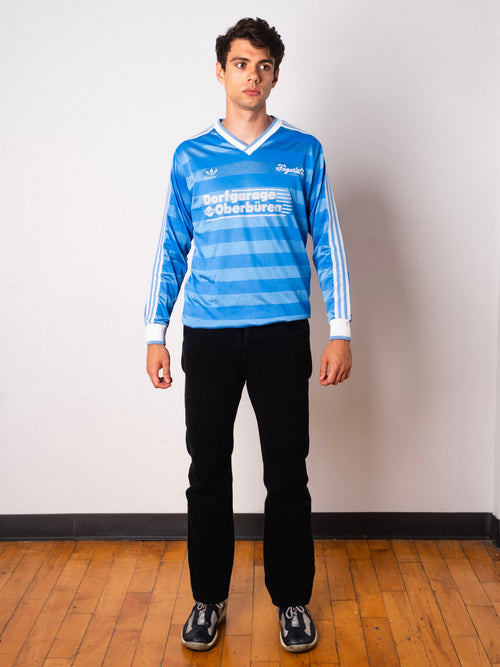 Vintage Adidas light blue striped long sleeve football shirt with Dorfgarage Oberburen sponsor and Figurati embroidery, full body front