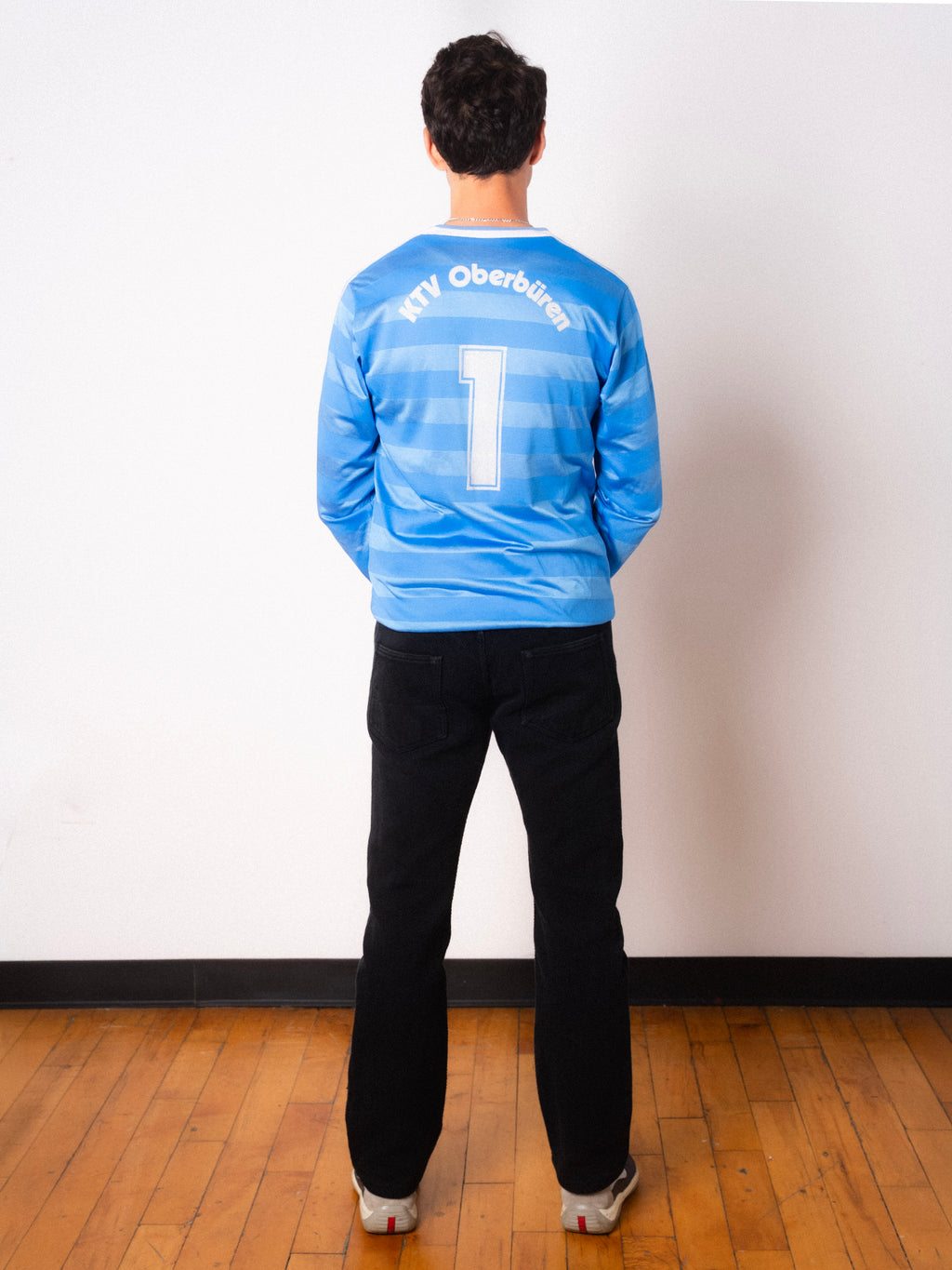 Vintage Adidas light blue striped long sleeve football shirt with Dorfgarage Oberburen sponsor and Figurati embroidery, full body back
