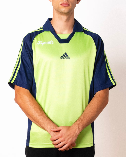 Vintage Adidas lime green and navy short sleeve football shirt with Figurati embroidery, front