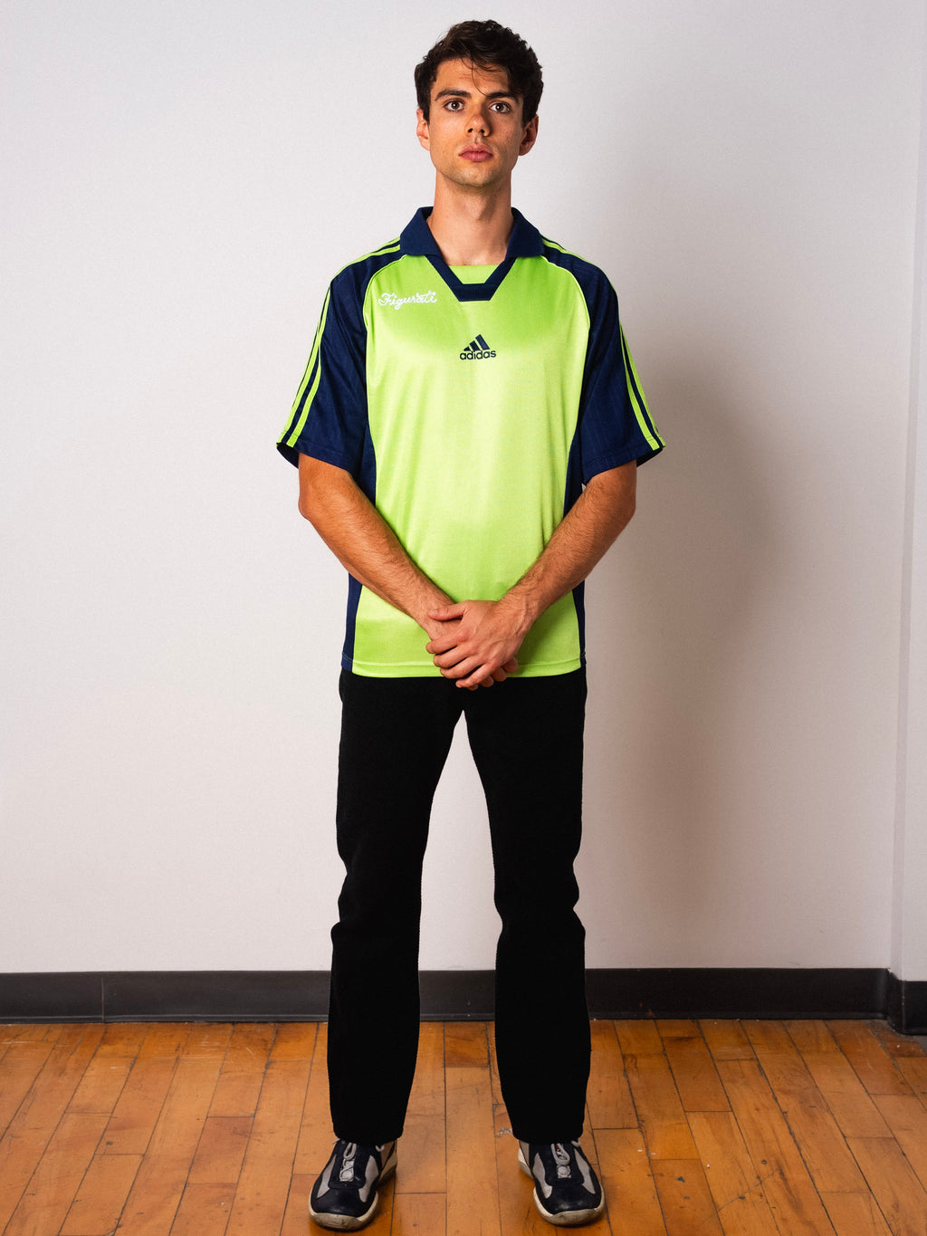 Vintage Adidas lime green and navy short sleeve football shirt with Figurati embroidery, full body front
