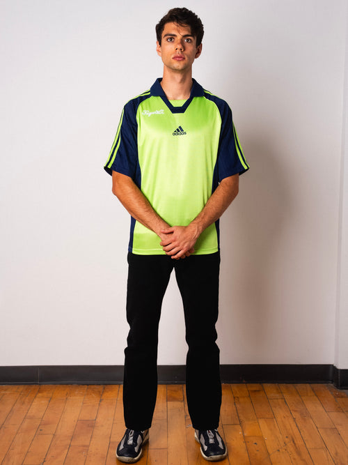 Vintage Adidas lime green and navy short sleeve football shirt with Figurati embroidery, full body front