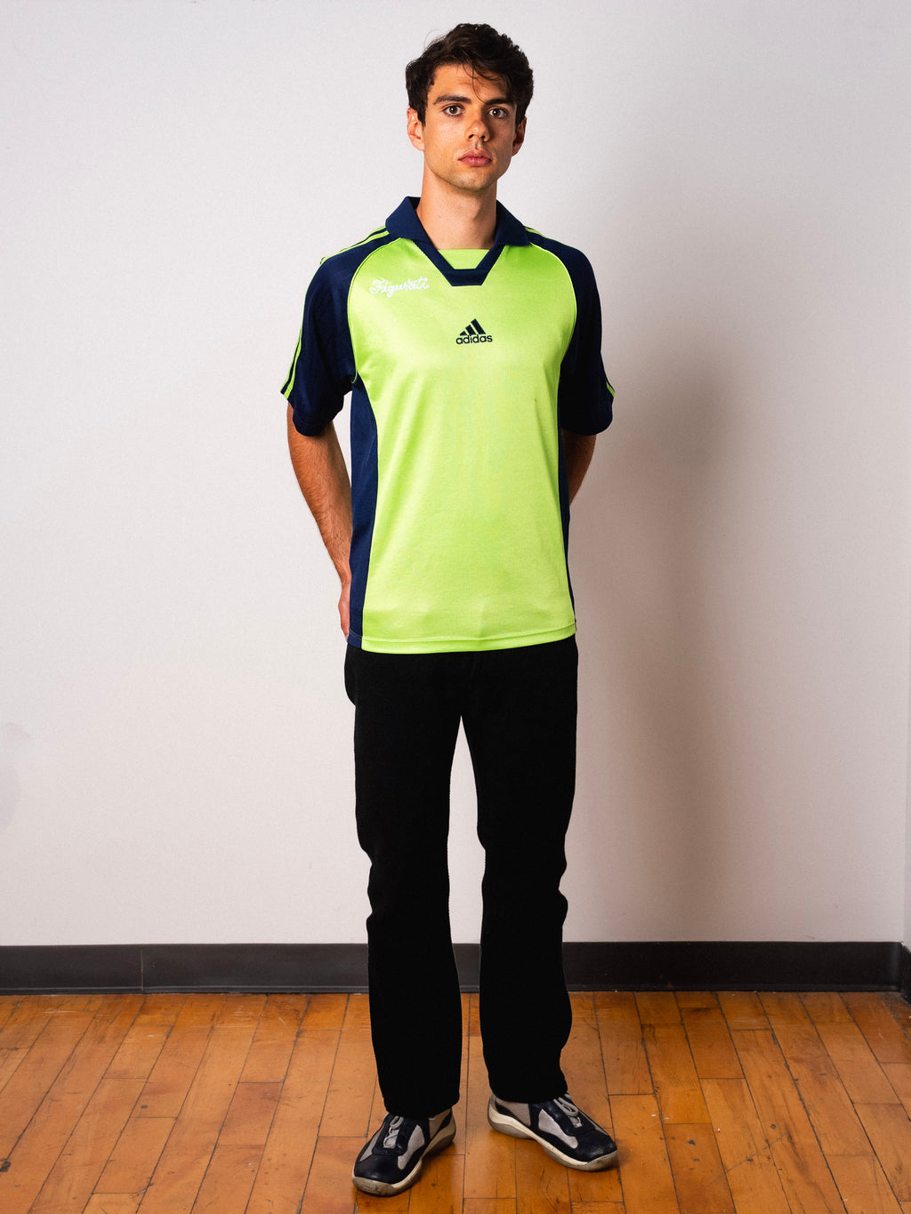 Vintage Adidas lime green and navy short sleeve football shirt with Figurati embroidery, full body front