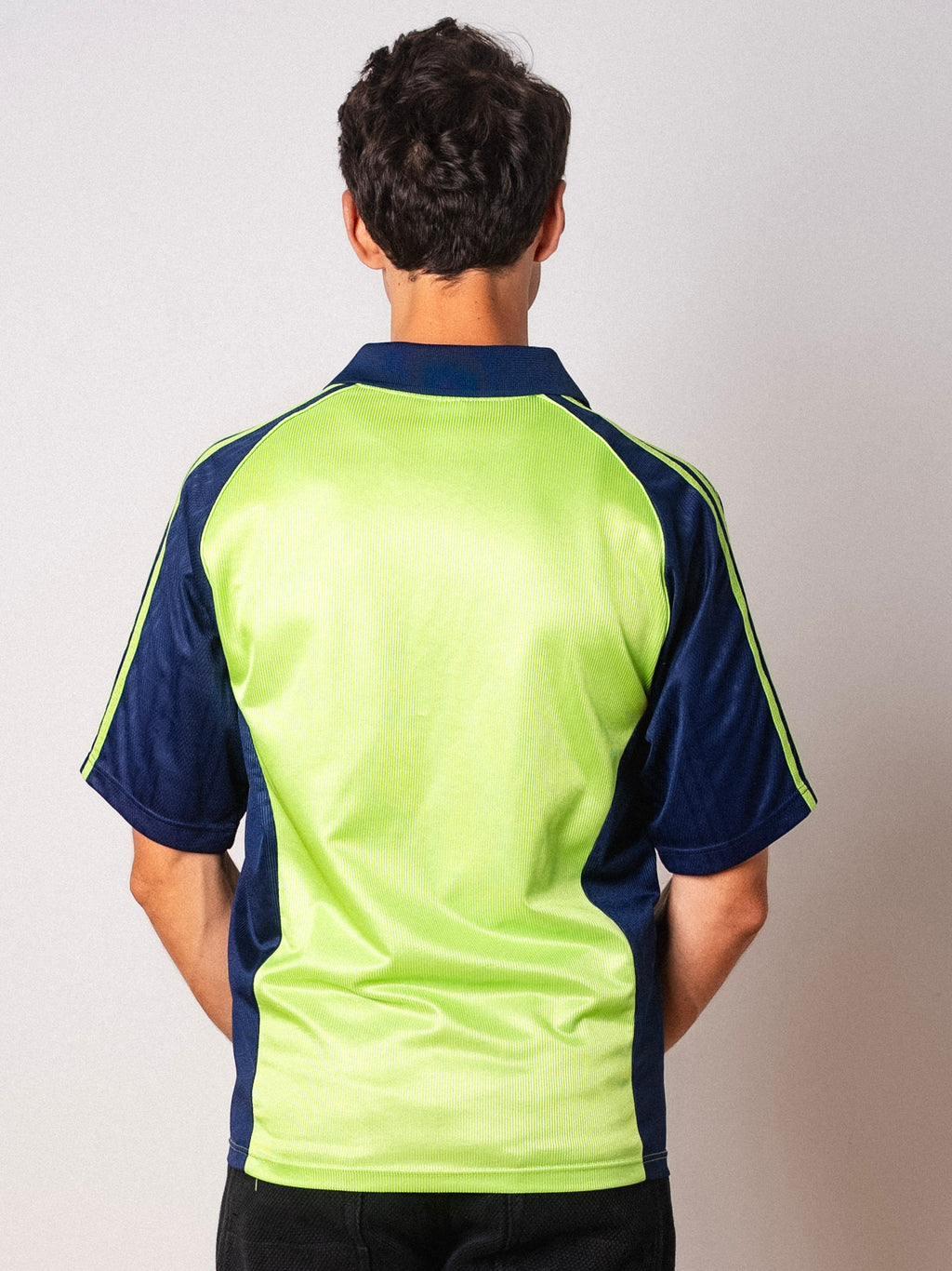 Vintage Adidas lime green and navy short sleeve football shirt with Figurati embroidery, back