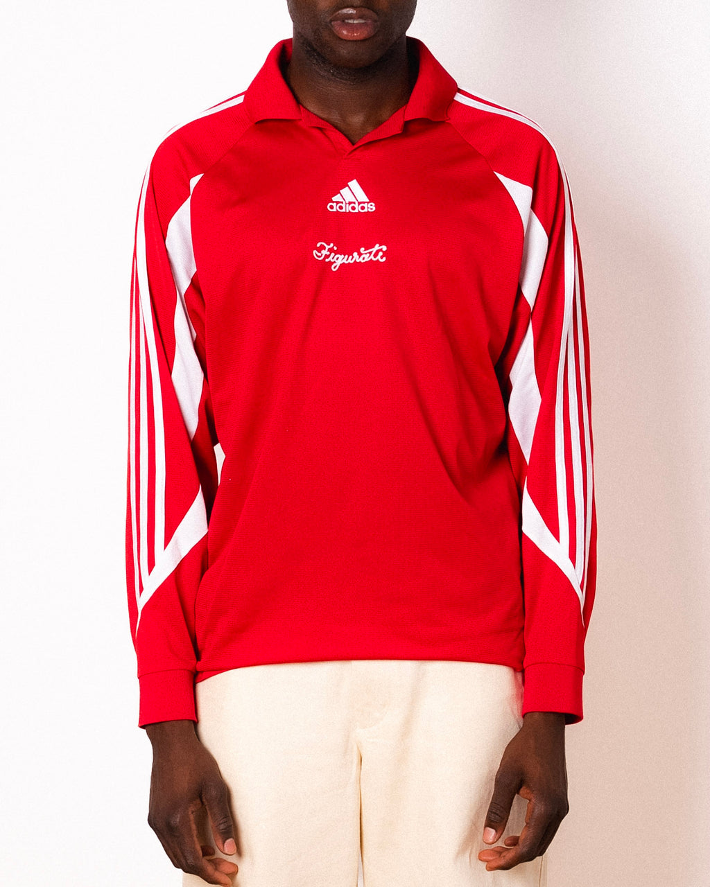Vintage Adidas red long sleeve football shirt with Figurati embroidery, front