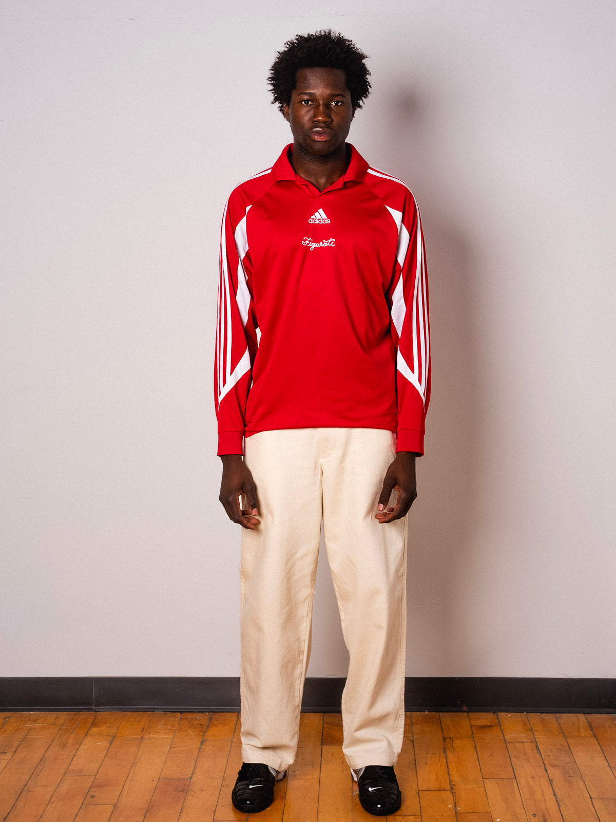 Vintage Adidas red long sleeve football shirt with Figurati embroidery, full body front