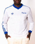 Vintage Adidas white and blue striped long sleeve football shirt with Figurati embroidery, front
