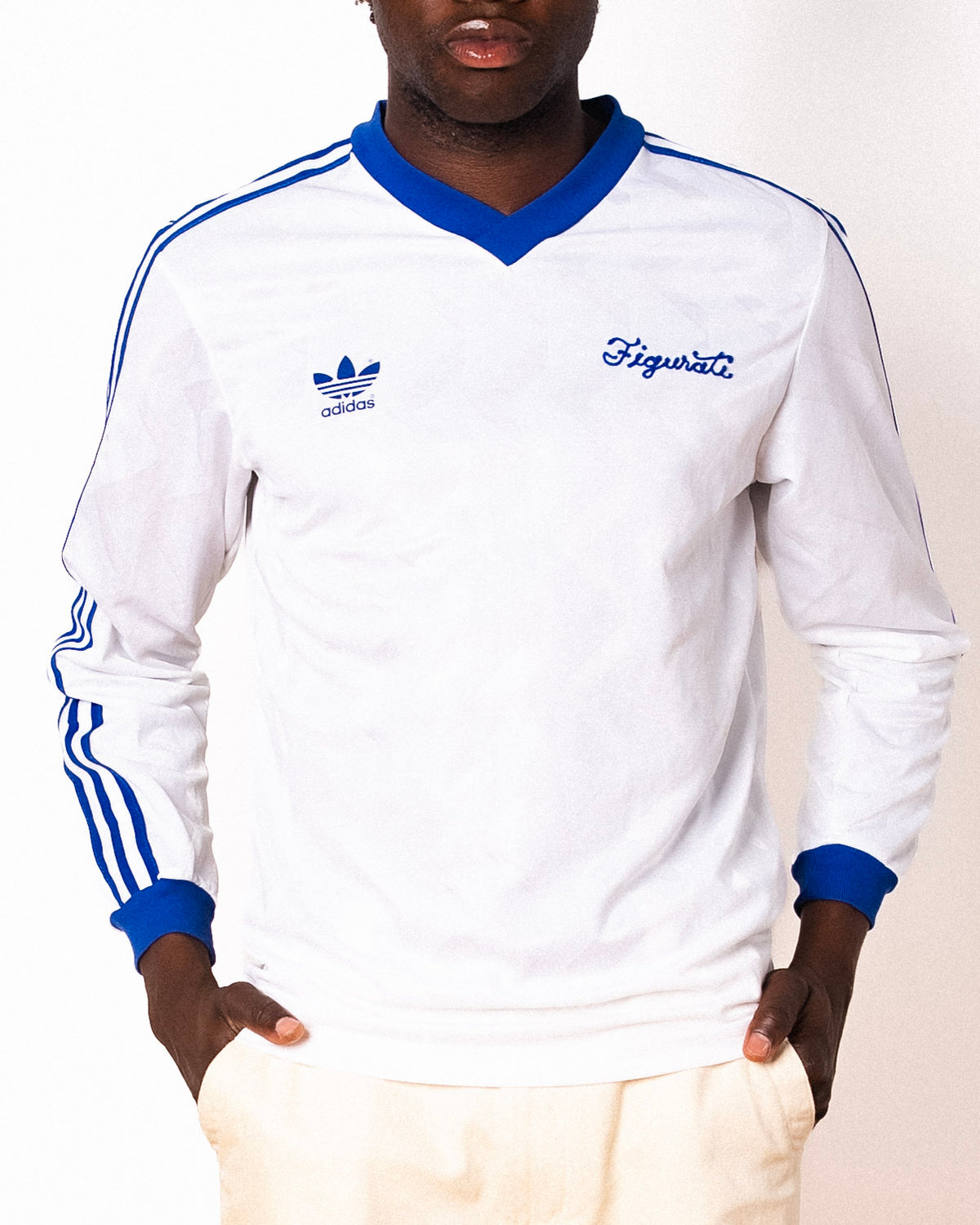 Vintage Adidas white and blue striped long sleeve football shirt with Figurati embroidery, front