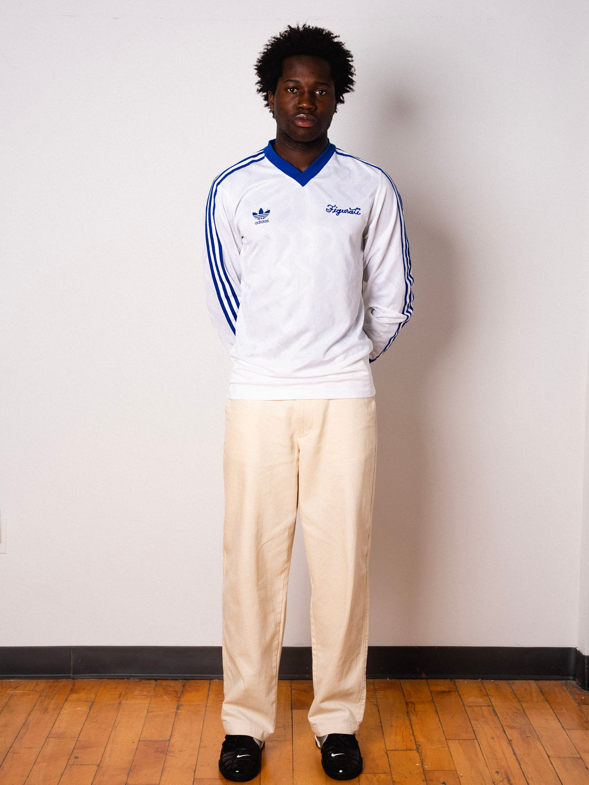 Vintage Adidas white and blue striped long sleeve football shirt with Figurati embroidery, full body front