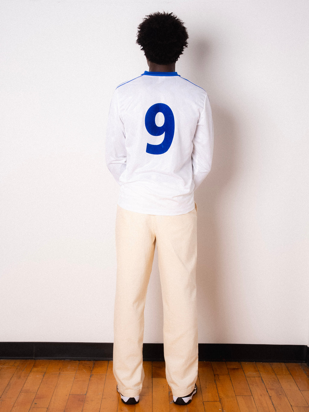 Vintage Adidas white and blue striped long sleeve football shirt with Figurati embroidery, full body back
