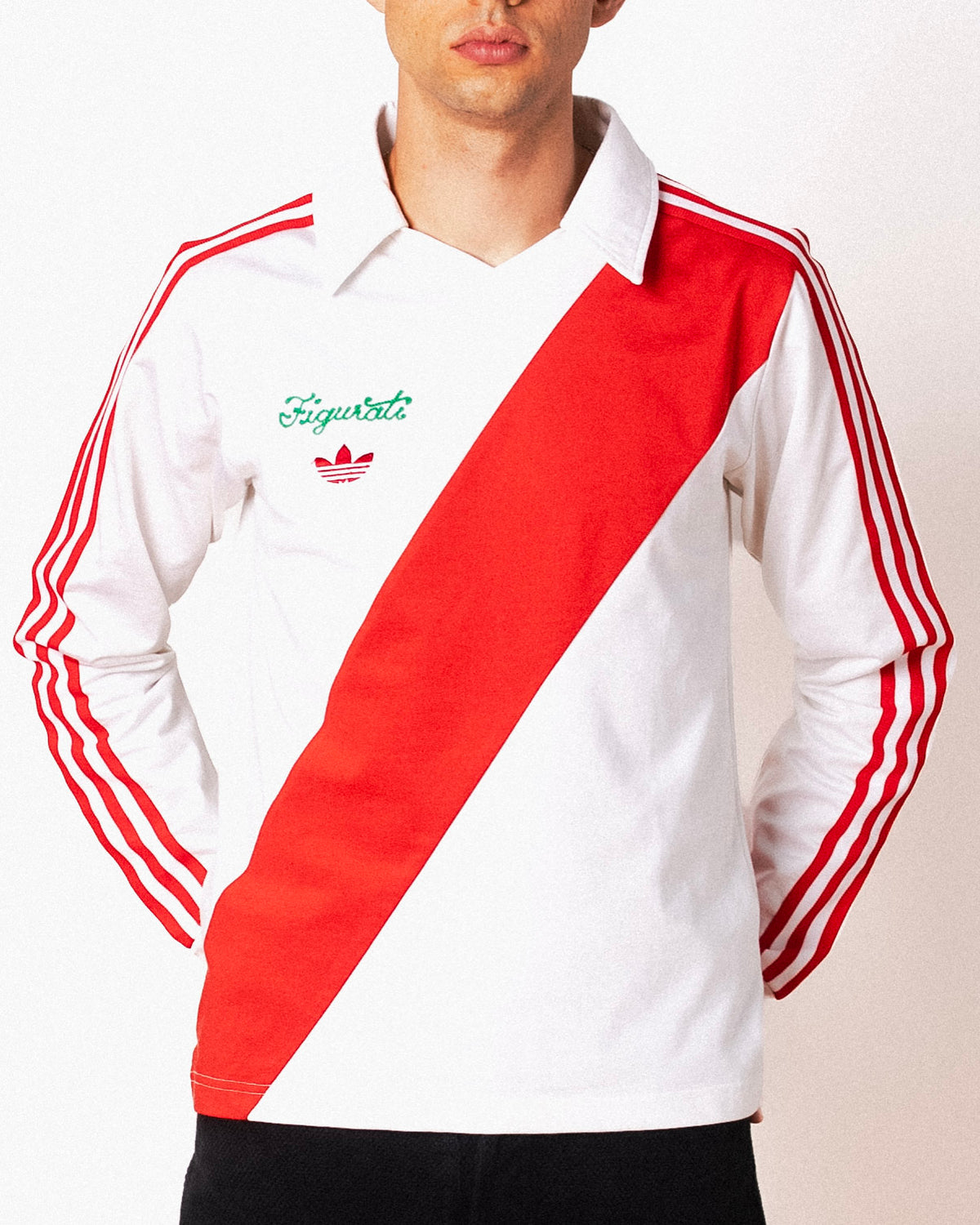 Vintage Adidas white long sleeve football shirt with red sash and Figurati embroidery, front