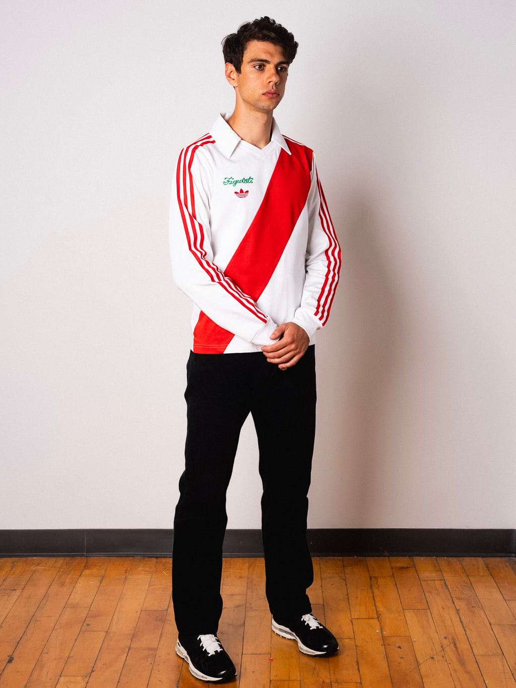 Vintage Adidas white long sleeve football shirt with red sash and Figurati embroidery, full body front