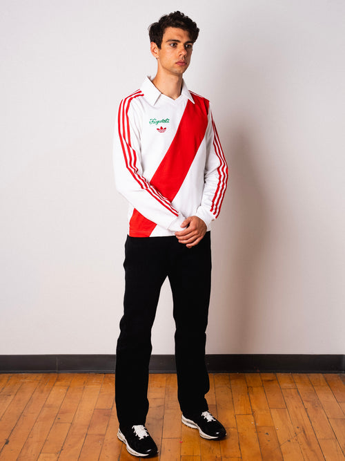 Vintage Adidas white long sleeve football shirt with red sash and Figurati embroidery, full body front