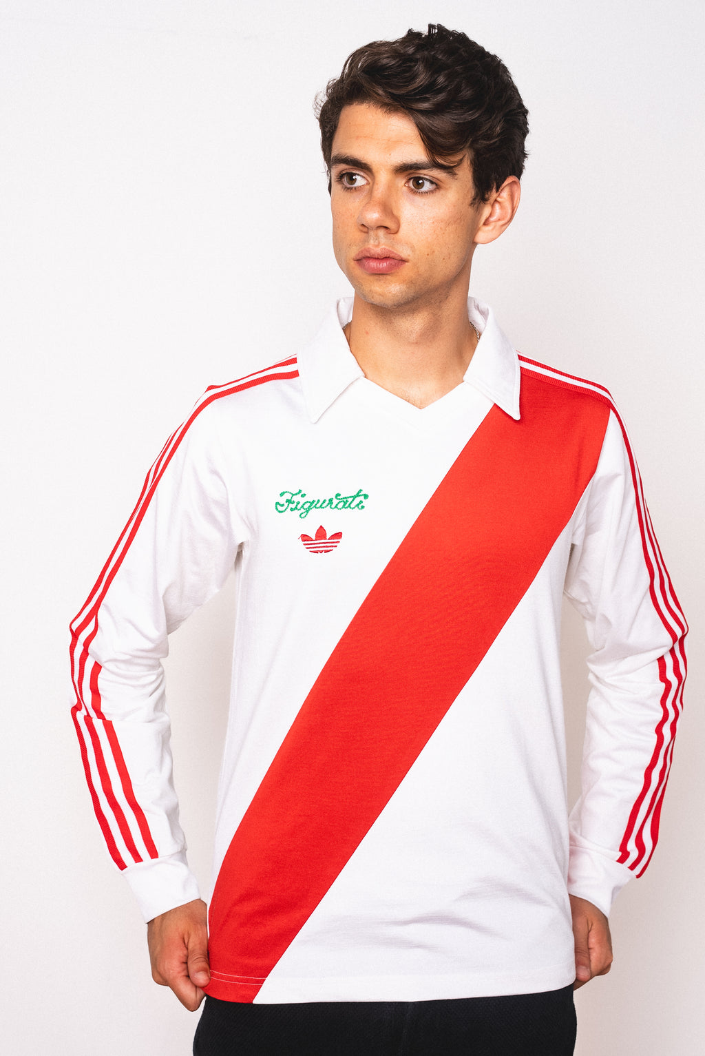 Vintage Adidas white long sleeve football shirt with red sash and Figurati embroidery, front