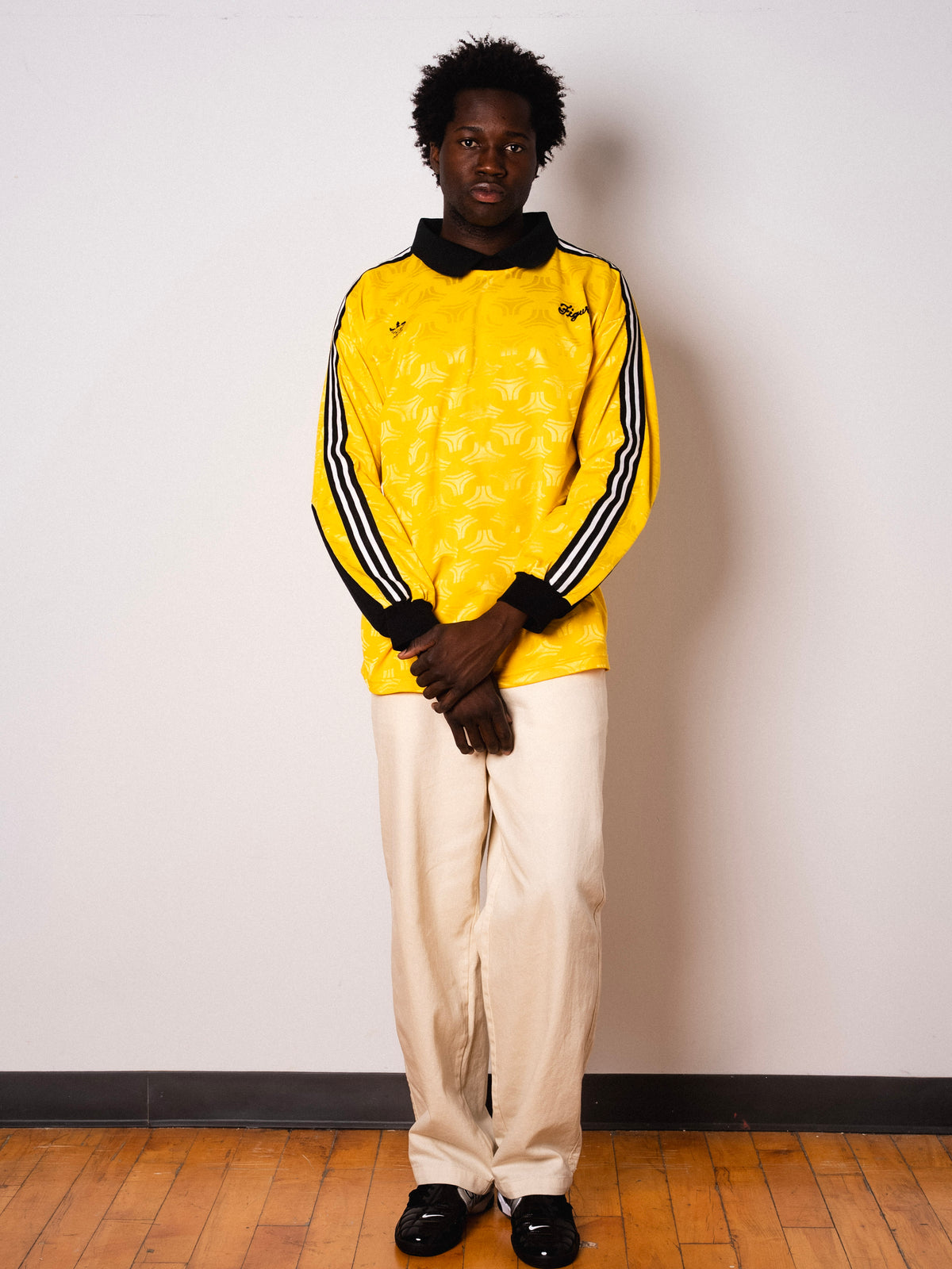Vintage Adidas yellow long sleeve goalkeeper shirt with Figurati embroidery, full body front