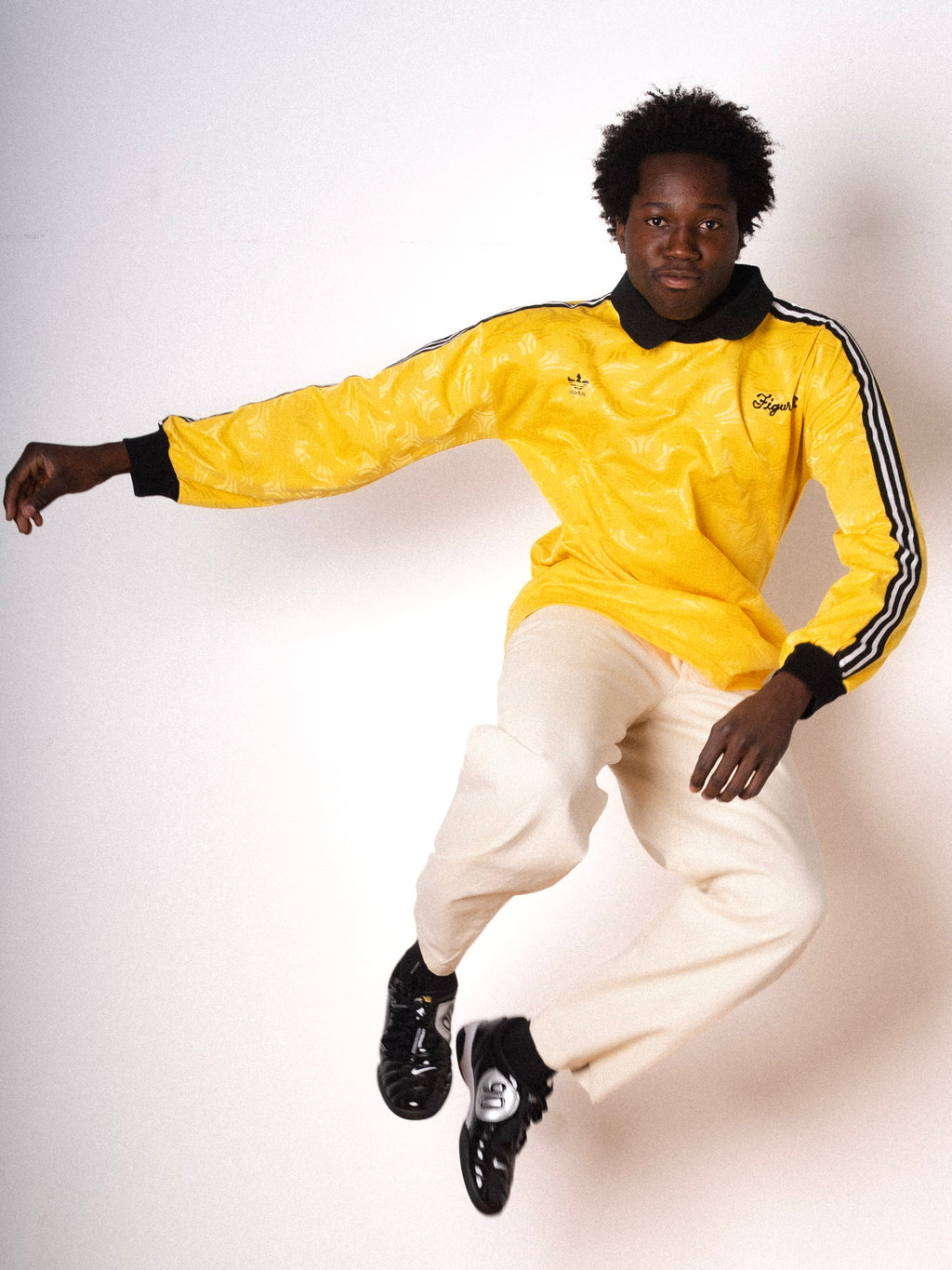 Vintage Adidas yellow long sleeve goalkeeper shirt with Figurati embroidery, styled