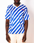 Vintage Meyba blue and white diagonal stripe short sleeve football shirt with Figurati embroidery, front
