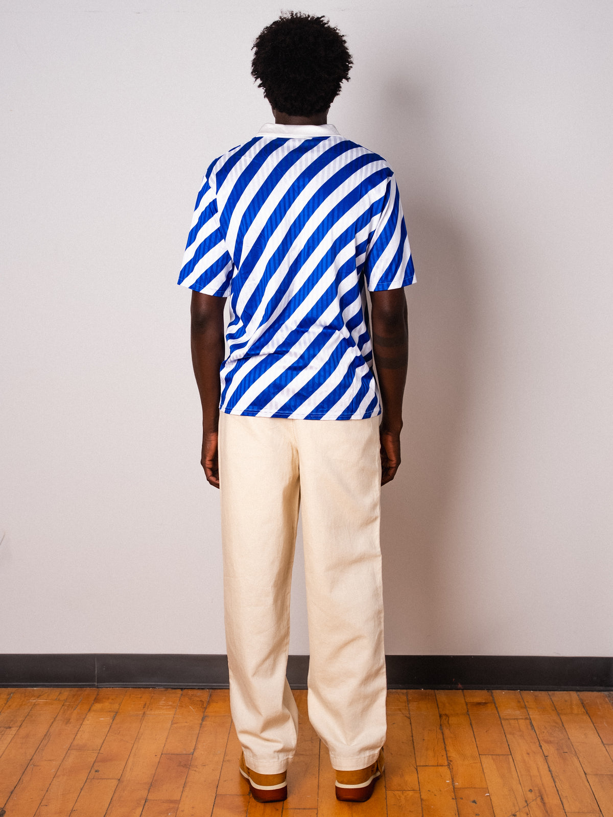 Vintage Meyba blue and white diagonal stripe short sleeve football shirt with Figurati embroidery, back