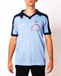 Vintage Ennerre light blue short sleeve football shirt with Centro Commerciale Valle del Tevere sponsor and Figurati embroidery, front