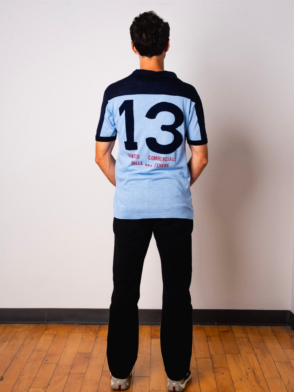Vintage Ennerre light blue short sleeve football shirt with Centro Commerciale Valle del Tevere sponsor and Figurati embroidery, full body back