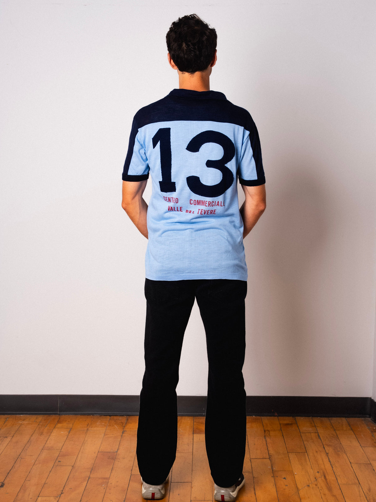 Vintage Ennerre light blue short sleeve football shirt with Centro Commerciale Valle del Tevere sponsor and Figurati embroidery, full body back