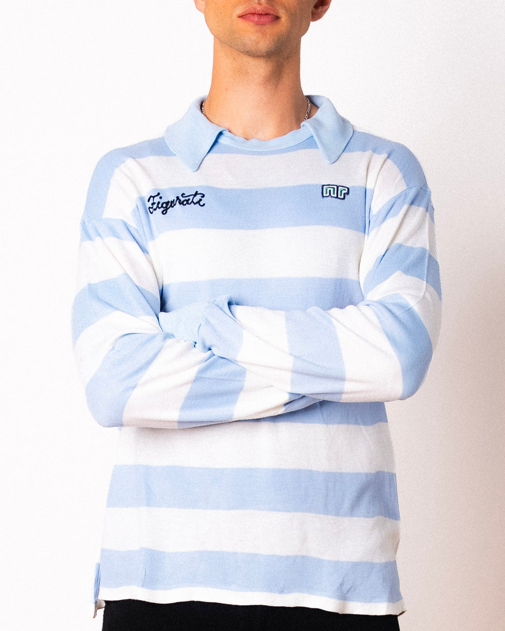 Vintage Ennerre light blue and white hooped long sleeve football shirt with Figurati embroidery, front