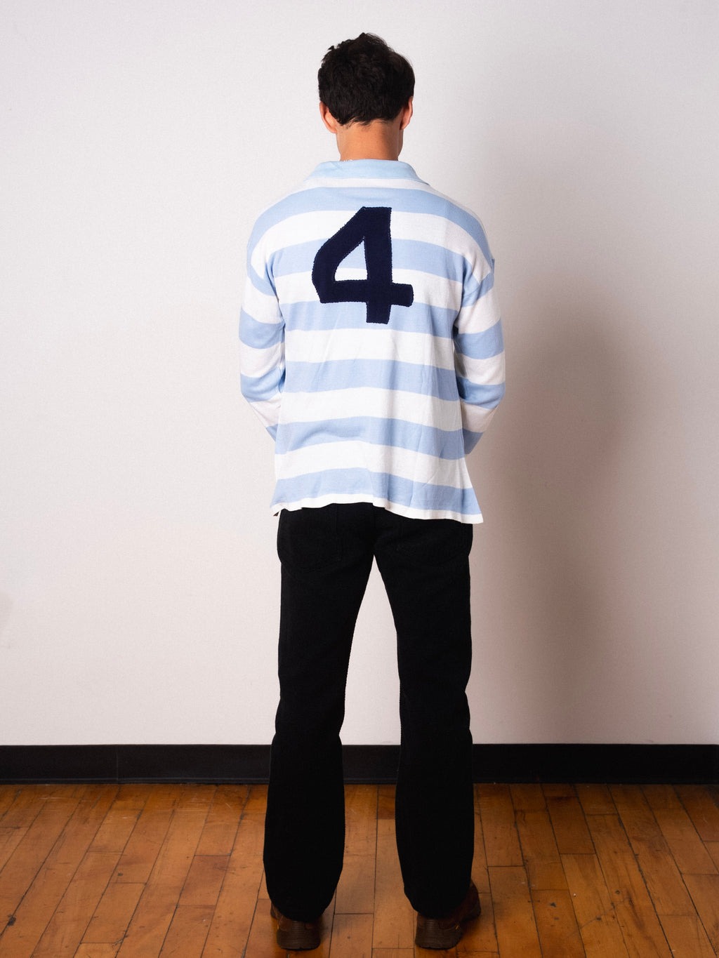 Vintage Ennerre light blue and white hooped long sleeve football shirt with Figurati embroidery, full body back