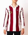 Vintage Ennerre maroon and white striped long sleeve football shirt with Figurati embroidery, front