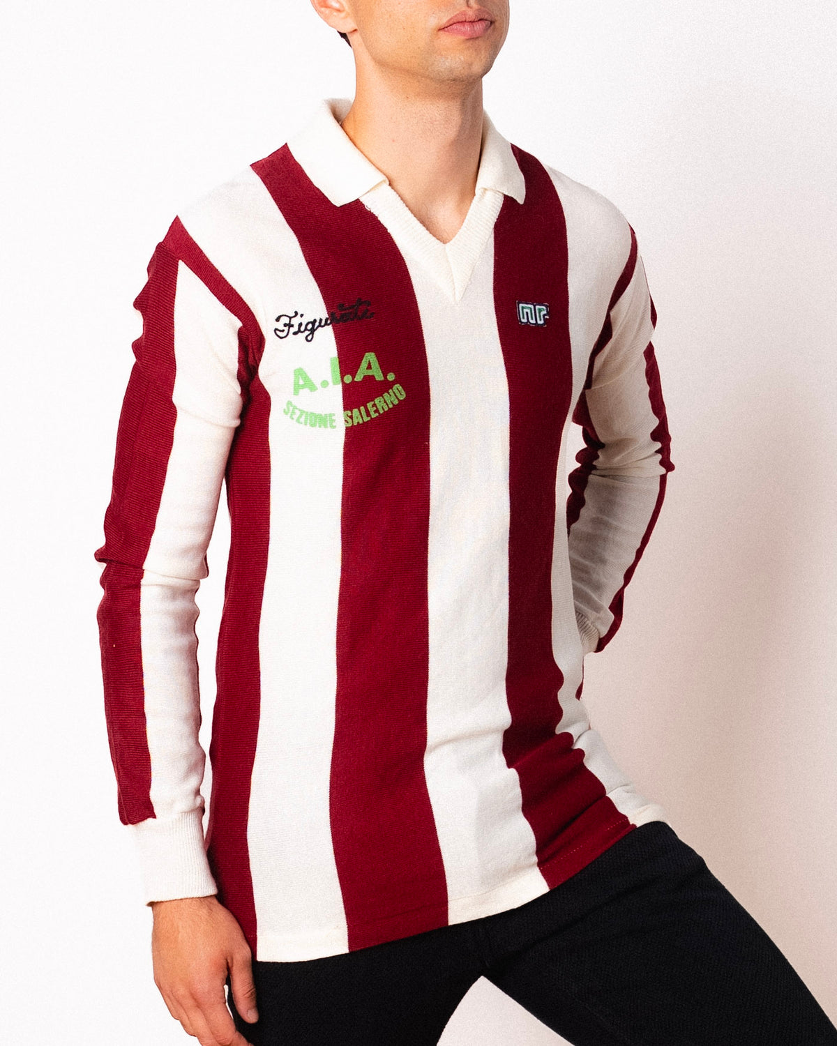 Vintage Ennerre maroon and white striped long sleeve football shirt with Figurati embroidery, front