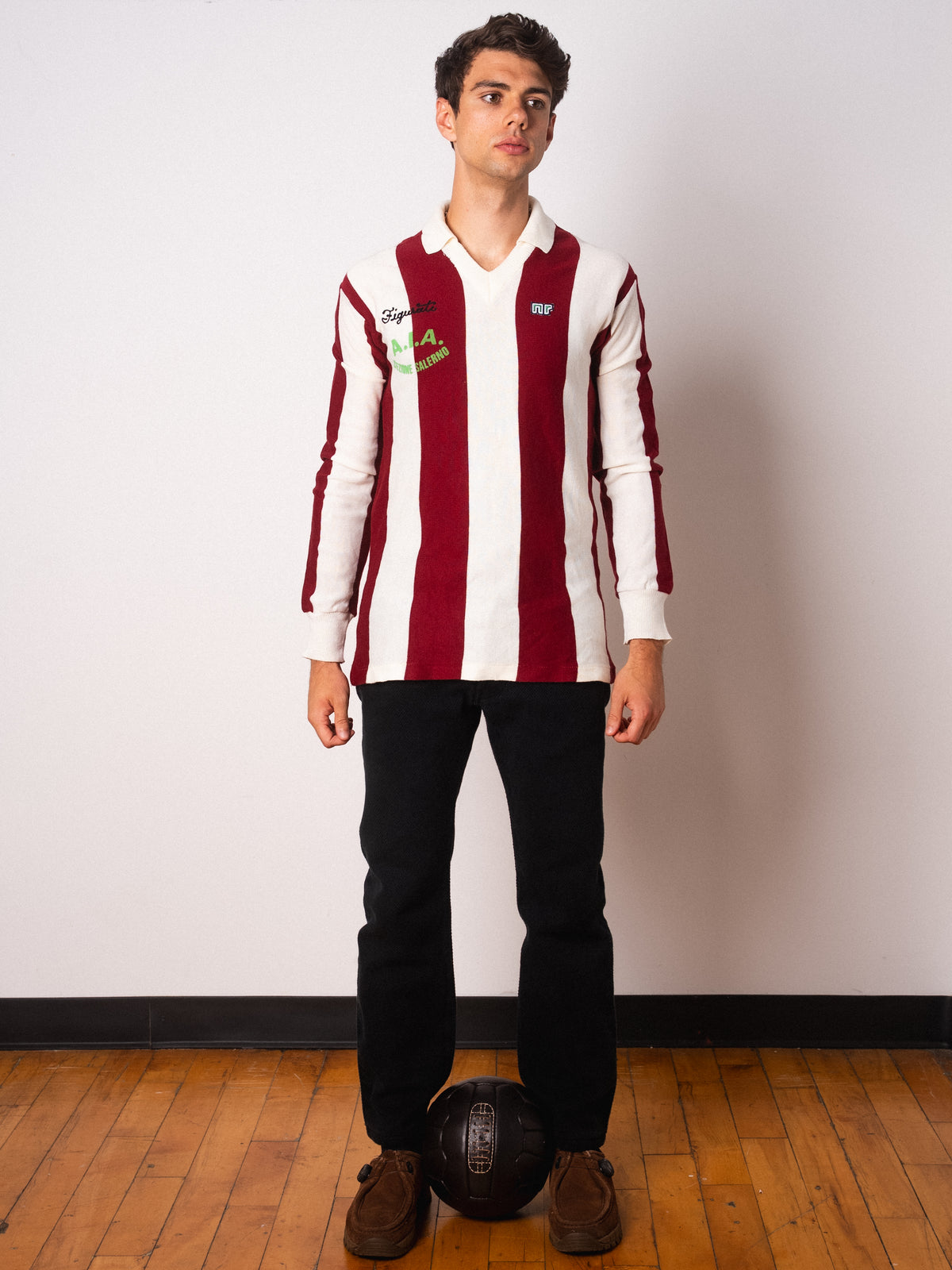 Vintage Ennerre maroon and white striped long sleeve football shirt with Figurati embroidery, full body front