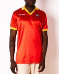 Vintage Ennerre red satin short sleeve football shirt with yellow collar and Figurati embroidery, front