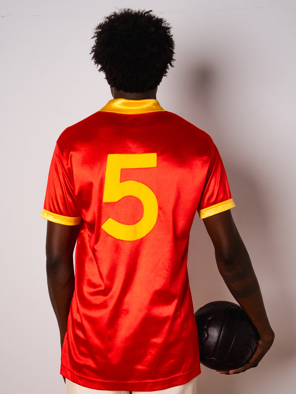 Vintage Ennerre red satin short sleeve football shirt with yellow collar and Figurati embroidery, back