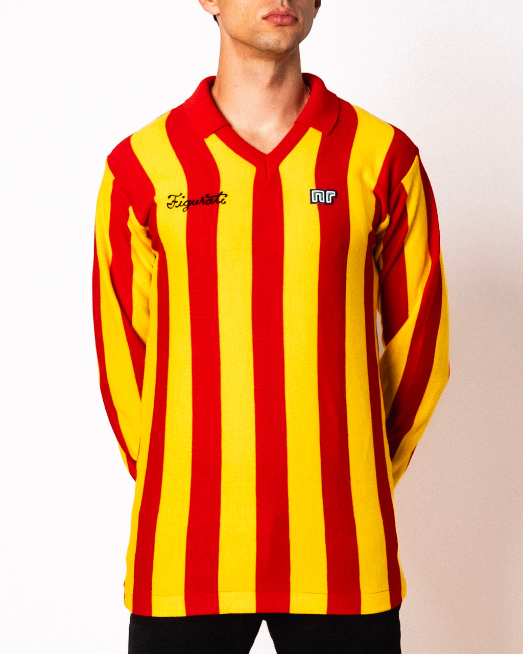 Vintage Ennerre red and yellow striped long sleeve football shirt with Figurati embroidery, front