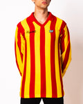 Vintage Ennerre red and yellow striped long sleeve football shirt with Figurati embroidery, front