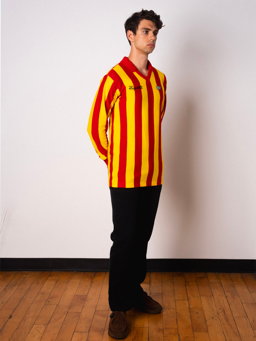 Vintage Ennerre red and yellow striped long sleeve football shirt with Figurati embroidery, full body front