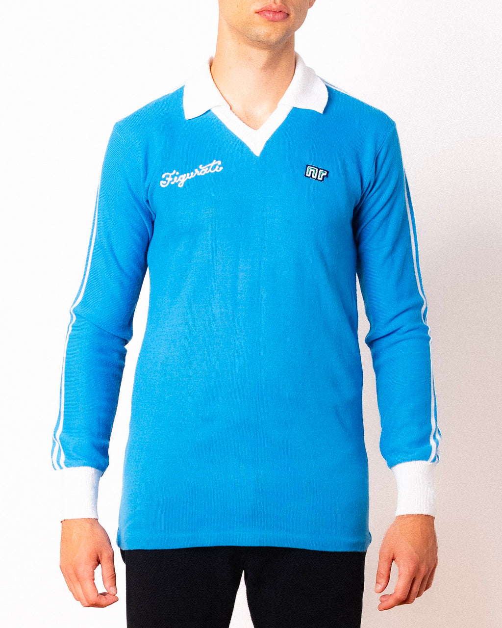Vintage Ennerre sky blue long sleeve football shirt with Figurati embroidery, front
