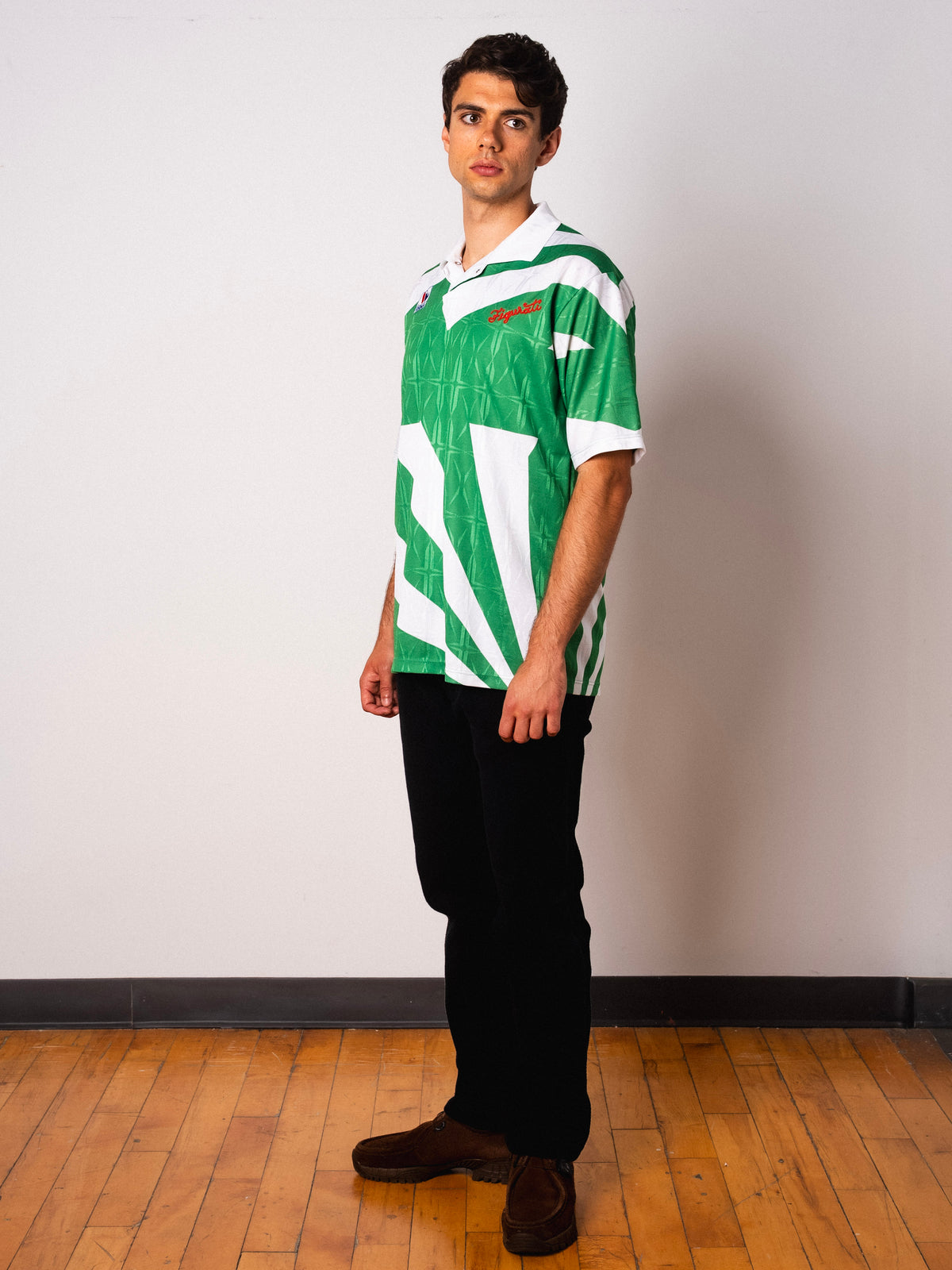 Vintage Virma green and white short sleeve football shirt with Figurati embroidery, full body front