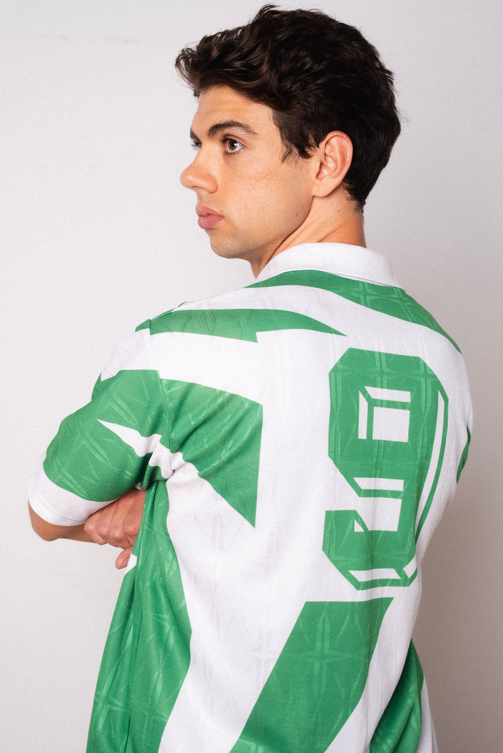 Vintage Virma green and white short sleeve football shirt with Figurati embroidery, back