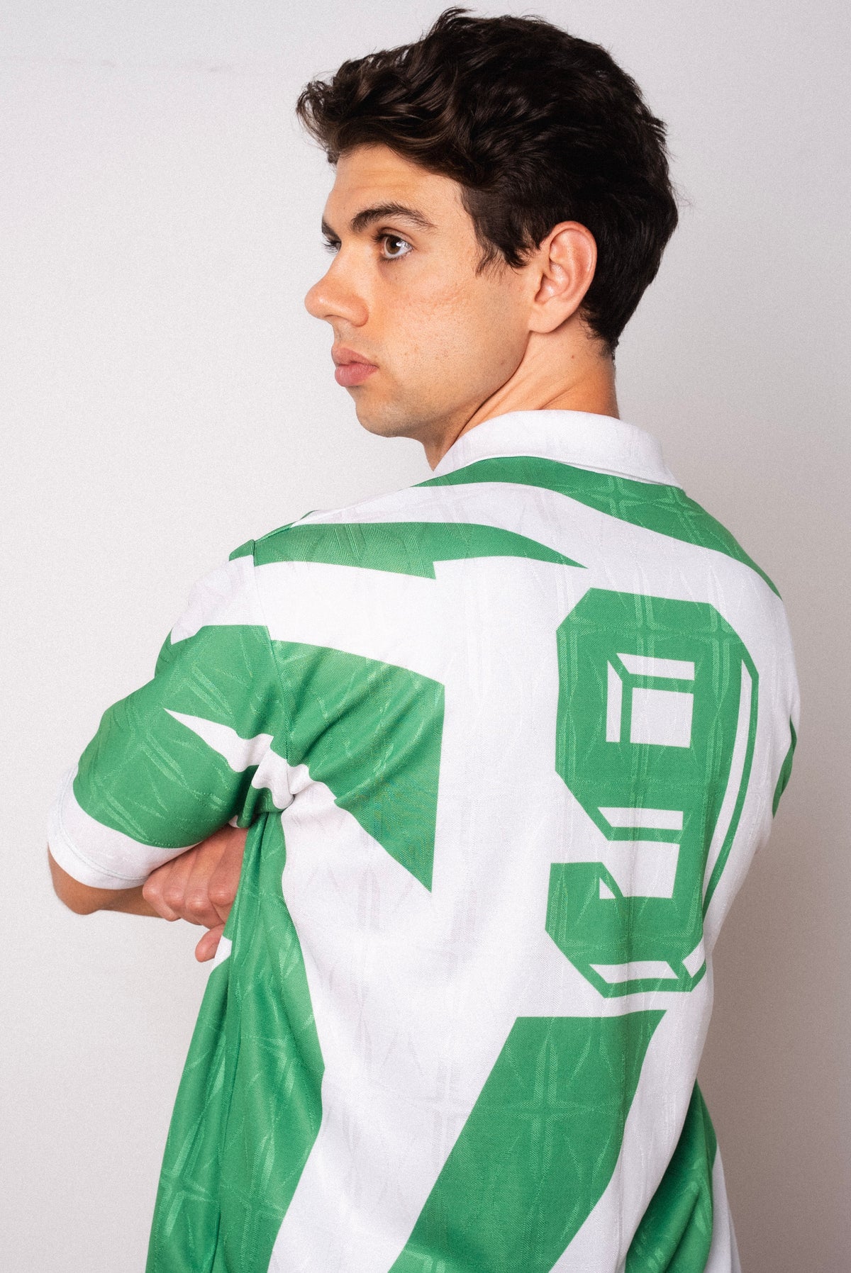 Vintage Virma green and white short sleeve football shirt with Figurati embroidery, back