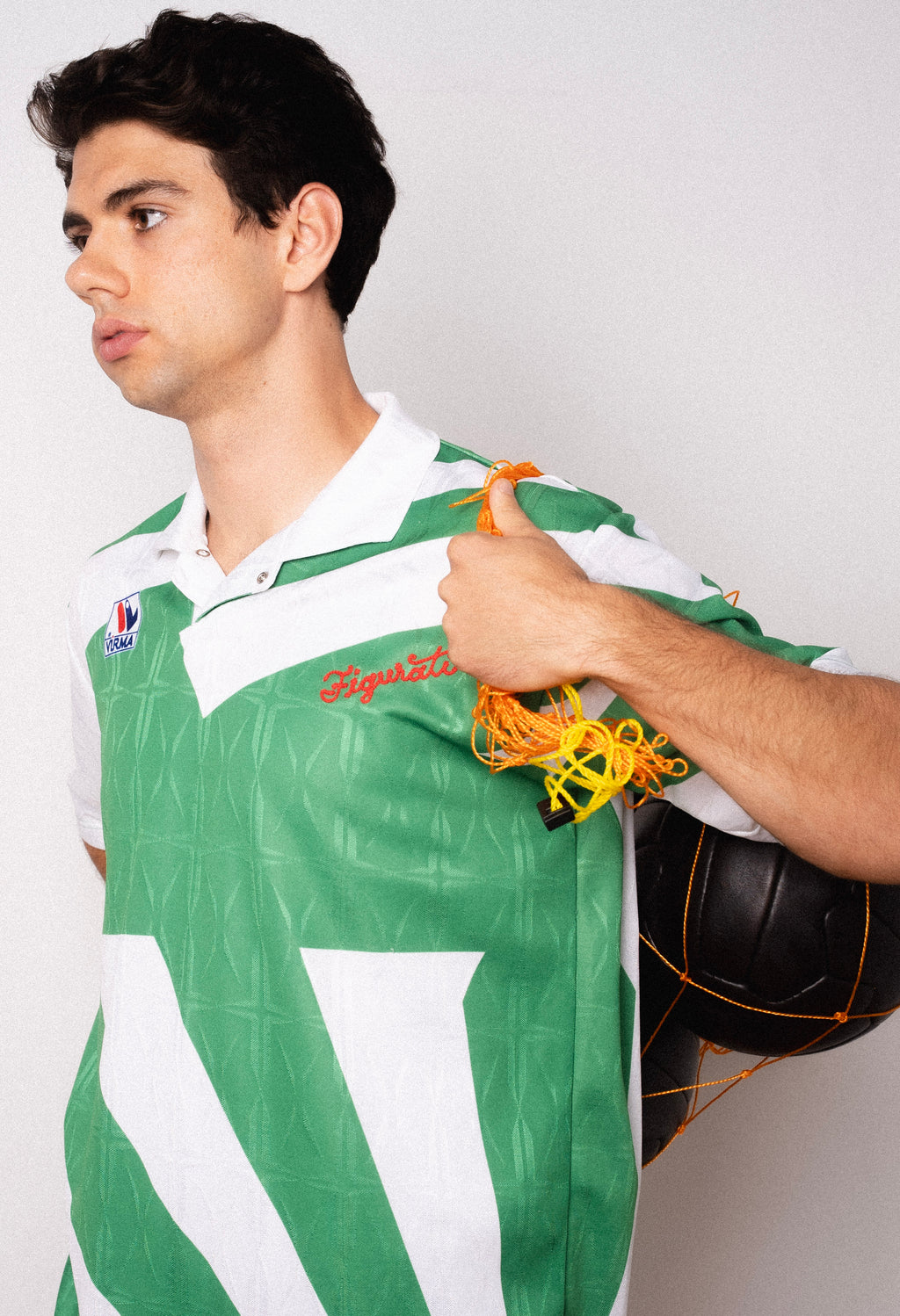 Vintage Virma green and white short sleeve football shirt with Figurati embroidery, styled