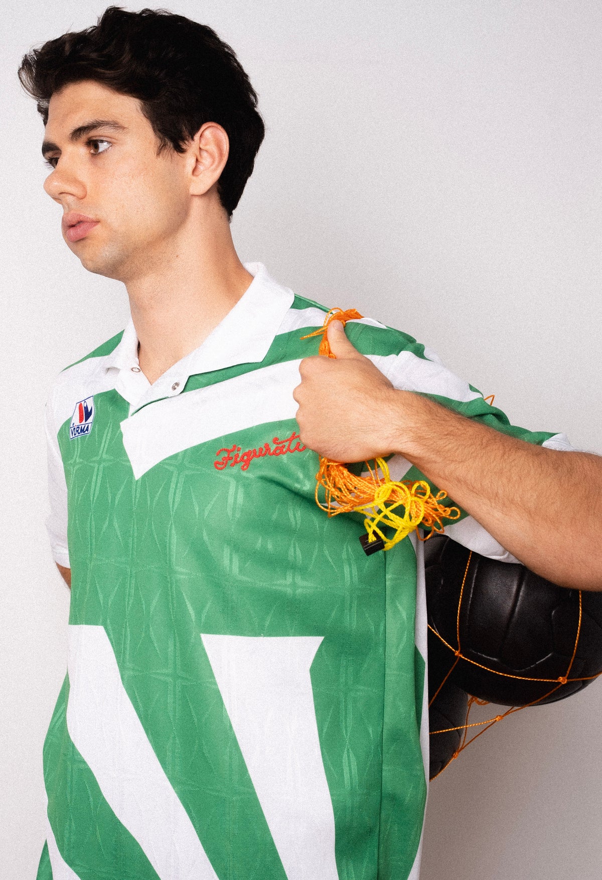 Vintage Virma green and white short sleeve football shirt with Figurati embroidery, styled