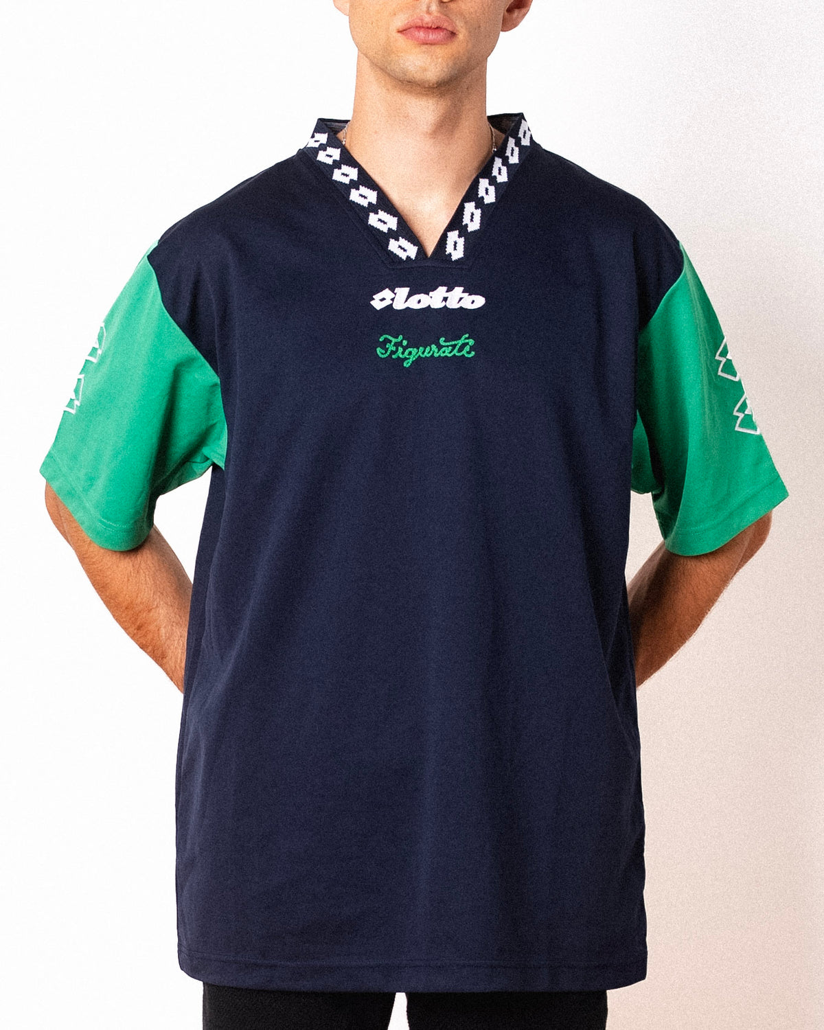 Vintage Lotto navy and green short sleeve football shirt with Figurati embroidery, front