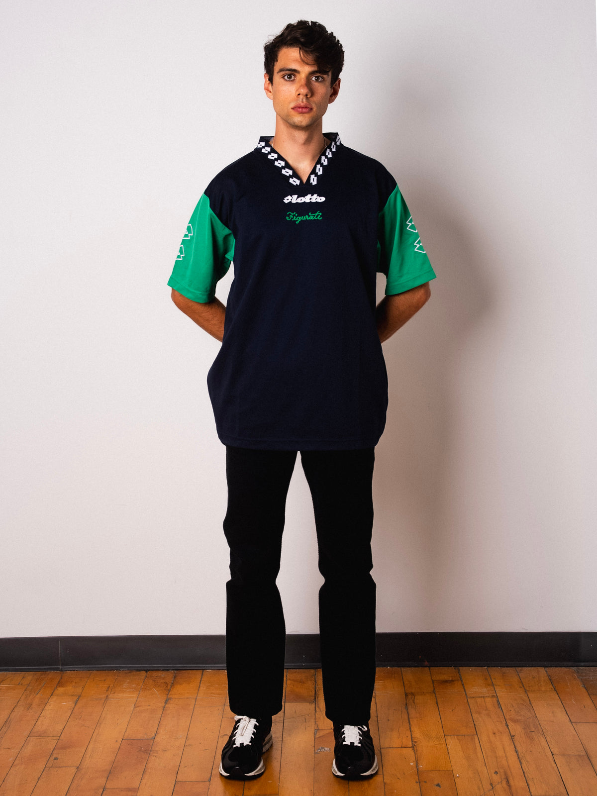 Vintage Lotto navy and green short sleeve football shirt with Figurati embroidery, full body front