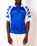 Vintage Mizuno blue and white short sleeve football shirt with Figurati embroidery, front