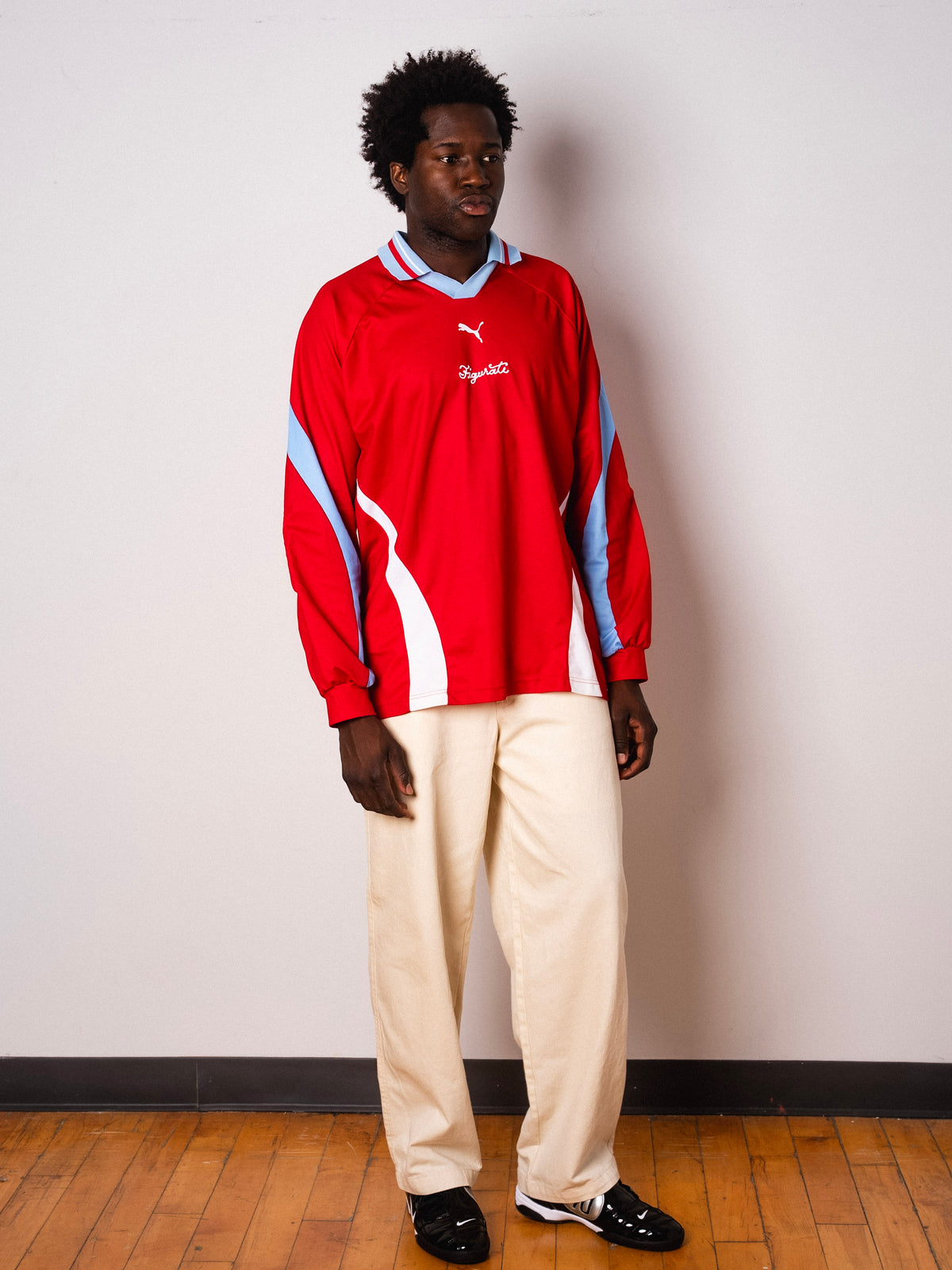 Vintage Puma red long sleeve football shirt with Figurati embroidery, full body front
