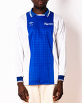 Vintage Umbro blue and white long sleeve football shirt with Figurati embroidery, front