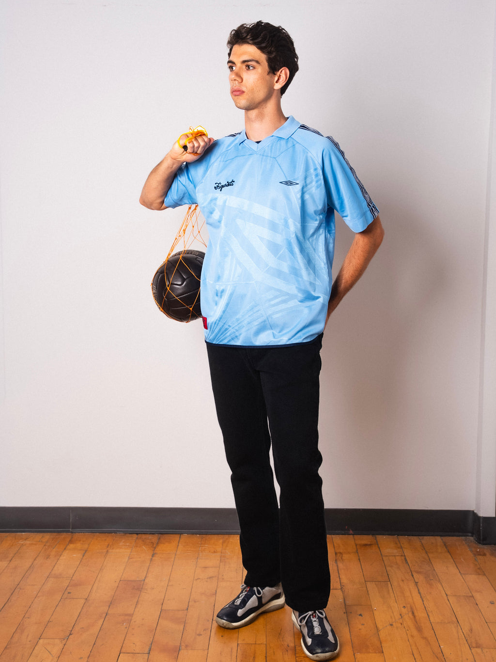 Vintage Umbro Pro Training light blue short sleeve football shirt with Figurati embroidery, full body front