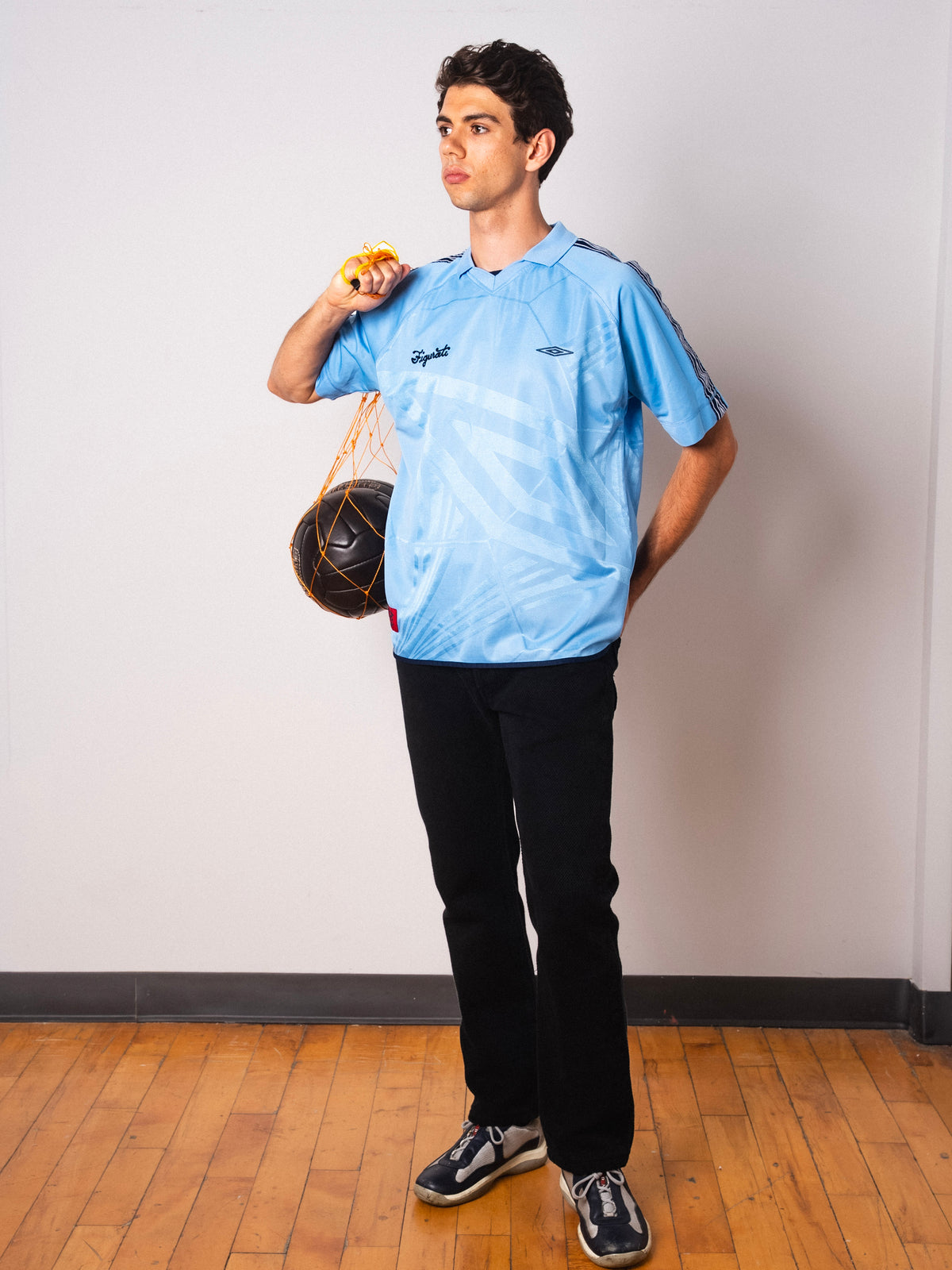 Vintage Umbro Pro Training light blue short sleeve football shirt with Figurati embroidery, full body front